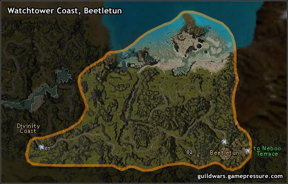 Historycy spekulują, iż w zamierzchłych czasach te zrujnowane teraz strażnice strzegły Kryty przed jakimś nieznanym zagrożeniem z północy - Watchtower Coast, Beetletun | Northern Kryta | Guild Wars Prophecies - Guild Wars: Prophecies - poradnik do gry