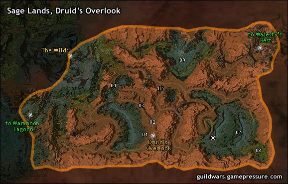 Umiejscowiony na wyższych, suchych partiach Mguuma Junhle, Druids Overlook zapewnia doskonały widok na panoramę niegościnnych terenów Sage Lands leżących poniżej - Sage Lands, Druids Ovelook | Maguuma Jungle | Guild Wars Prophecies - Guild Wars: Prophecies - poradnik do gry