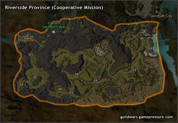 Ullen River bierze swe początki w położonym daleko na południu Footprint Lakes - Riverside Province (Mission) | Southern Kryta | Guild Wars Prophecies - Guild Wars: Prophecies - poradnik do gry