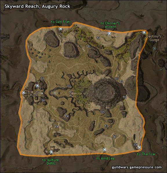 Wzgórze to, otoczone tajemniczymi filarami niczym kamiennymi strażnikami, zostało tak nazwane z powodu olbrzymiej skały, górującej niedaleko, która jakby zachęcała każdego wystarczająco odważnego do jej pokonania - Skyward Reach, Augury Rock | Crystal Desert | Guild Wars Prophecies - Guild Wars: Prophecies - poradnik do gry