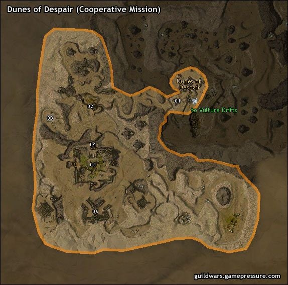 W pustynnie jałowym krajobrazie zaskakującą zmianą są zadziwiające ruiny miasta, gromadzące ludzi, którzy nie mogli jeszcze dostąpić zaszczytu Ascension - Dunes of Despair (Mission) | Crystal Desert | Guild Wars Prophecies - Guild Wars: Prophecies - poradnik do gry