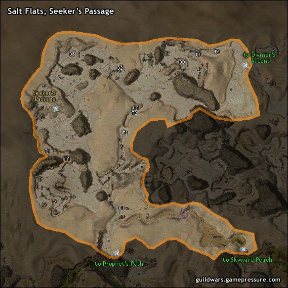 Usytuowane na skraju Salt Flats, ten mały przyczółek został nazwany od Poszukiwaczy, pielgrzymów, którzy przemierzali pustynię szukając nowego domu - Salt Flats, Seekers Passage | Crystal Desert | Guild Wars Prophecies - Guild Wars: Prophecies - poradnik do gry