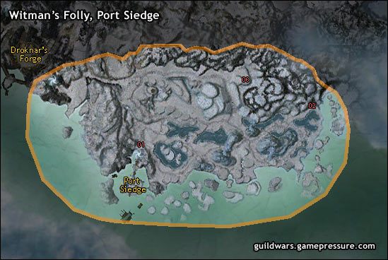 Ruchliwy port zaopatrujący Krasnoludy w większość potrzebnych dóbr i zapasów - Witmans Folly, Port Siedge | Southern Shiverpeaks, Sorrows Furnace - Guild Wars: Prophecies - poradnik do gry