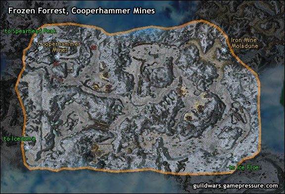 Dzięki niespodziewanemu spadkowi, Ortho Copperhammer dzielił prawa własności do tej kopalni ze swym kuzynem, Bragiem, wojownikiem Stone Summitów - Frozen Forrest, Cooperhammer Mines | Southern Shiverpeaks, Sorrows Furnace - Guild Wars: Prophecies - poradnik do gry