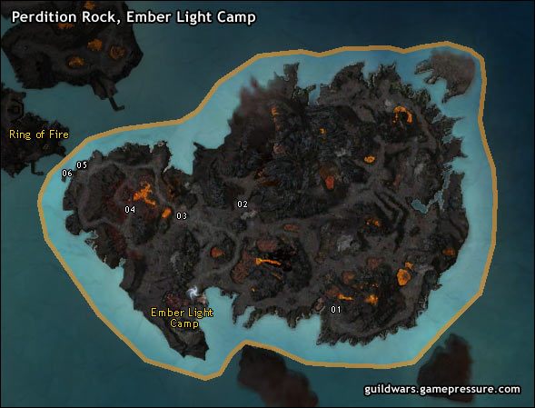 Położony na skraju Ring of Fire, Ember Light Camp został założony przez grupę żeglarzy, których okręt rozbił się tutaj w czasie straszliwego sztormu - Perdition Rock, Ember Light Camp | Ring of Fire | Guild Wars Prophecies - Guild Wars: Prophecies - poradnik do gry
