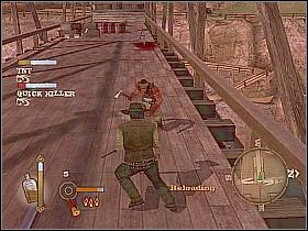 Teraz nastąpi szturm Indian, przygotuj sobie shotguna i koktajle mołotowa i kiedy tylko zaczną oni wyskakiwać zza skrzyń [1] od razu w nich wal (pamiętaj, że nie mogą podpalić TNT) - Quick Killer | Misje główne w Gun - Gun - poradnik do gry