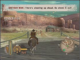 Wkrótce dotrzesz do zabarykadowanego przejścia, zejdź z konia i na piechotę omiń przeszkodę z prawej strony - Whore Coach | Misje główne w Gun - Gun - poradnik do gry