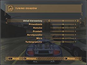 Liczba możliwych w danym momencie modyfikacji (maksymalnie jest ich siedem) jest uzależniona od rodzaju zakupionych w sklepie części - Sterowanie pojazdem | Podstawy | Need for Speed Most Wanted (2005) - Need for Speed: Most Wanted (2005) - poradnik do gry