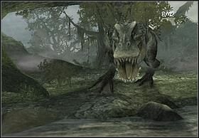 Na samym początku, gdy tylko wypłyniemy z za zakrętu po lewej stronie (będąc plecami do kierunku spływu - w ten sposób bądź ustawiony przez cały czas) nadbiegnie tyran i zaatakuje Cię - [Solucja] Rapids | Peter Jacksons King Kong - Peter Jacksons King Kong - poradnik do gry