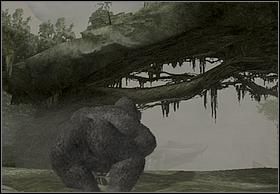 Nie tracąc nawet chwili przejdź przez polanę i zeskocz łapiąc się korzenia na półkę poniżej - [Solucja] Chased by V-Rex cz.3 | Peter Jacksons King Kong - Peter Jacksons King Kong - poradnik do gry