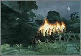 Następnie przebiegnij na drugą stronę i wejdź na balkon z ogniem (jeśli wróci drugi gad, pozbądź się go dzidami), tam odpal włócznię i odblokuj sobie drogę w górę wzniesienia, do dżungli - [Solucja] Chased by Kong | Peter Jacksons King Kong - Peter Jacksons King Kong - poradnik do gry