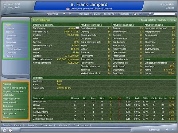 Wszelkie możliwe informacje o piłkarzu znajdziemy wybierając z listy odpowiednią pozycję - Wprowadzenie - Profil zawodnika - Football Manager 2006 - poradnik do gry