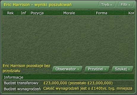 Z menu Obserwator [Scout] wybieramy poszukiwacza i przyporządkowujemy mu zadanie (Przydziel [Assign] -> Nowe wyszukiwanie [New Search]) - Transfery i rotacja (1) - Prowadzenie zespołu - Football Manager 2006 - poradnik do gry