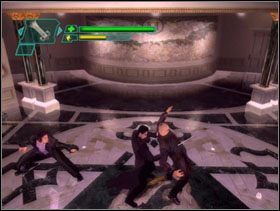 Zaczynamy poziom stojąc naprzeciwko grupy podwładnych Merowinga - The Frenchman - The Matrix: Path of Neo - poradnik do gry