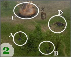 Idziemy na drugą stronę lasu do punktu [D - mapa] trzema żołnierzami, pozostałych trzech zostawiamy w okolicach [B - mapa] - Misja 3 - VIP | Outfront Na Tyłach Wroga - Outfront: Na Tyłach Wroga - poradnik do gry