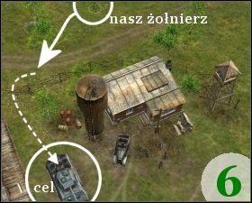 Gdy już uporamy się z wrogiem w lasach [G - mapa] , uruchamiamy snajpera, którym zabijamy Niemców znajdujących się w wieżach strażniczych w jednym z rogów bazy, a dokładnie w rogu [H - mapa] - Misja 4 - Pułapka | Outfront Na Tyłach Wroga - Outfront: Na Tyłach Wroga - poradnik do gry