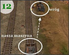 Podjeżdżamy na tyle daleko [G - mapa] od mostu [F - mapa] , aby nie wzbudzić podejrzeń wrogów i na tyle blisko, aby czołgiem znajdującym się na zdobytej platformie dołączonej do lokomotywy, zdołać zniszczyć stojący koło wiaduktu czołg wroga [rys - Misja 9 - Pociąg | Outfront Na Tyłach Wroga - Outfront: Na Tyłach Wroga - poradnik do gry