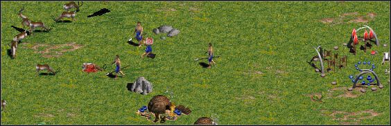 Chłopi pracujący przy padniętej gazeli. - Żywność | Surowce w Age of Empires - Age of Empires - poradnik do gry