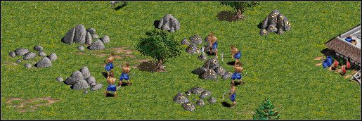 Kamieniarze w towarzystwie kopaczy złota. - Kamień | Surowce w Age of Empires - Age of Empires - poradnik do gry