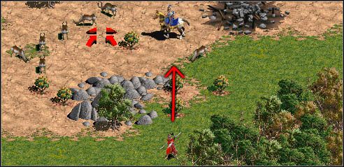 Jako, że w grze bardzo ciężko dostrzec pocisk łucznika posłużyłem się strzałką, która ma symbolizować jego ruch - Manewrowanie | Walka w Age of Empires - Age of Empires - poradnik do gry