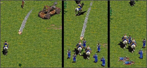Jak widać na pierwszej części prezentacji, katapulta zaatakowała konnego zwiadowcę - Katapulty | Walka w Age of Empires - Age of Empires - poradnik do gry
