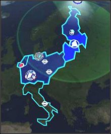 Obok widać kilka prowincji z pierwszej fazy gry - ziemie należące do różnych krajów są oddzielone grubszą linią - Zdobywanie nowych terenów | Geosfera | UFO Decydujące Starcie - UFO: Decydujące Starcie - poradnik do gry