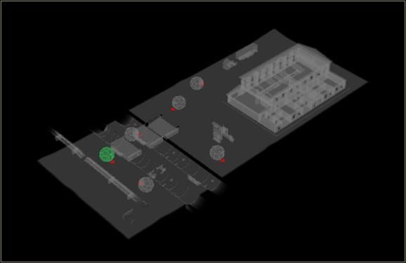 W tej misji trzeba zmierzyć się z ciężkozbrojnymi Wargotami - jak widać z planu, wyłazić będą gdzieś z okolic dwukondygnacyjnego budynku. Lądujemy w rozsądnej odległości od niego i rozstawiamy strzelców wyborowych - żaden z wrogów nie dojdzie nawet do mostu. - Lądowanie | Walka taktyczna | UFO Decydujące Starcie - UFO: Decydujące Starcie - poradnik do gry
