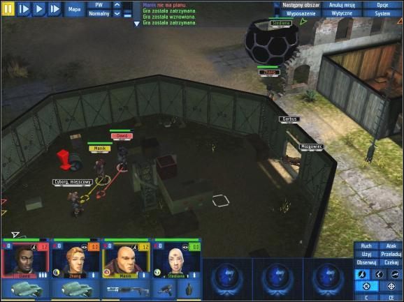 Przykład misji na dwadzieścia sekund. Dzięki dobrze wybranemu miejscu lądowania, cyborg którego trzeba uratować (lewy-dolny róg) znajduje się o rzut granatem od lądownika (prawy-górny róg). - Lądowanie | Walka taktyczna | UFO Decydujące Starcie - UFO: Decydujące Starcie - poradnik do gry