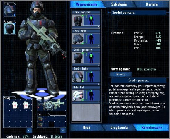 Średni pancerz to jedna z priorytetowych technologii tego etapu. Zapewnia solidną ochronę przed bronią konwencjonalną i w przeciwieństwie do lekkiego chroni też przed pociskami energetycznymi. Wielu żołnierzy będzie go używać do końca gry, bo ciężkie pancerze wymagają posiadania specjalnej umiejętności. - Faza II - Wielkie przygotowania (1) | Walkthrough | UFO Decydujące Starcie - UFO: Decydujące Starcie - poradnik do gry