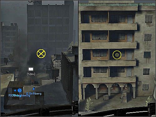 Celownik po lewej stronie powyższego obrazka pokazuje, że mierzymy w coś, w co nie da się wbić strzały z liną - Zip Line | Wyposażenie | Battlefield 2 Jednostki Specjalne - Battlefield 2: Jednostki Specjalne - poradnik do gry