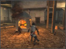 Tutaj czeka cię przeprawa z dwójką nieprzyjaciół, więc lepiej włącz widok panoramiczny, by ich wpierw zlokalizować - [02] Harbor District (dzielnica portowa) | Prince of Persia Dwa Trony - Prince of Persia: Dwa Trony - poradnik do gry