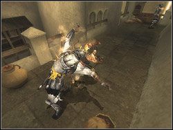 Opadnij na relief i wbij nań ostrze sztyletu, a następnie zeskocz na galerię poniżej - [13] The Lower City (dolne miasto) | Prince of Persia Dwa Trony - Prince of Persia: Dwa Trony - poradnik do gry