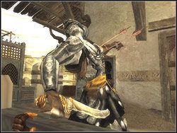 Zanim zdążysz przesadzić barierkę, nadbiegnie rosły Strażnik i będzie chciał przeciąć cię szablą na pół - [14] The Lower City Rooftops (szczyty dachów dolnego miasta) - Prince of Persia: Dwa Trony - poradnik do gry