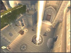 Z pozycji wiszącej odbij się na lewo, pobiegnij poziomo po ścianie i przed załomem oddaj skok na drążek, wystający z sąsiedniego muru - [19] The Temple Rooftops (dachy świątyni) | Prince of Persia Dwa Trony - Prince of Persia: Dwa Trony - poradnik do gry