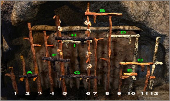 Wejście zablokowane jest przez paliki (cyfry) oraz przegrody (litery) pod postacią konarów - Opis (4) | Biała grota | Secret of the Lost Cavern - Secret of the Lost Cavern: Tajemnica Zaginionej Jaskini - poradnik do gry