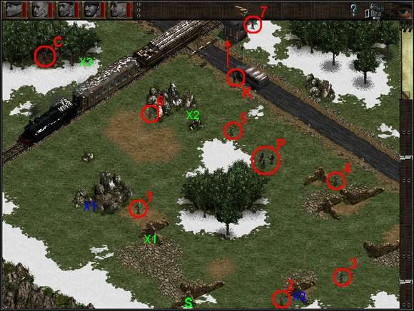 Teraz zajmiemy się żołnierzami kręcącymi się koło spadochronu, do którego musimy się dostać aby zabrać potrzebny ekwipunek - pistolet maszynowy dla Kierowcy, bombę zegarową dla Sapera i amunicję do karabinu wyborowego Snajpera - Misja 4 Restore Pride | Commandos Za linią wroga - Commandos: Za linią wroga - poradnik do gry