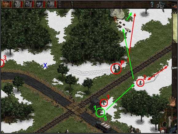 Pora wreszcie zająć się wrogami pilnującymi budynku sztabu (X na mojej mapie) - Misja 4 Restore Pride | Commandos Za linią wroga - Commandos: Za linią wroga - poradnik do gry