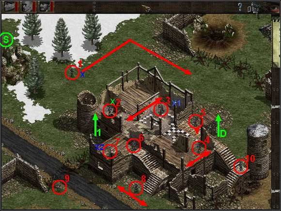 Zaczynasz z Zielonym Beretem, Snajperem i Saperem w miejscu oznaczonym S (na mojej mapie jak i na obrazku) - Misja 6 Menace of the Leopold | Commandos Za linią wroga - Commandos: Za linią wroga - poradnik do gry