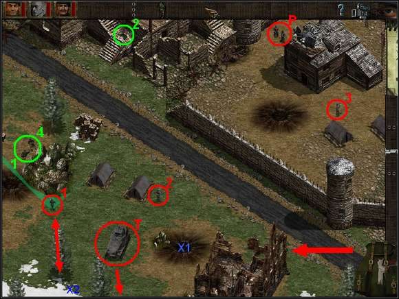 Czas zająć się oddziałami pilnującymi dołu mapy i przejeżdżającym tam transporterem - Misja 6 Menace of the Leopold | Commandos Za linią wroga - Commandos: Za linią wroga - poradnik do gry