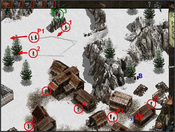 Teraz ruszaj Nurkiem (3) w dół planszy zabijając po drodze nożem Fryca (1) - zaskocz go z boku kiedy odwraca głowę w przeciwną stronę - Misja 7 Chase of the Wolves | Commandos Za linią wroga - Commandos: Za linią wroga - poradnik do gry