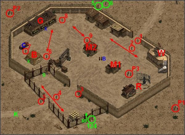 Następnie biegnij Szpiegiem zagadać cały patrol (P3) tak aby reszta ekipy mogła swobodnie wykonać swoją robotę: Kierowca (5) zaparkować cysternę C przed garażem z czołgami G w miejscu oznaczonym X , Saper (4) podłożyć jedną zdalnie odpalaną bombkę między anteną radaru a sąsiadującym - Misja 9 A Courtesy Call | Commandos Za linią wroga - Commandos: Za linią wroga - poradnik do gry
