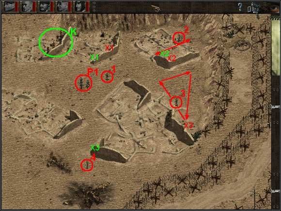 Ukryj się za murem bazy wszystkimi komandosami (K) i poczekaj aż wartownik (1) zacznie schodzić w dół ekranu a wówczas biegnij Zielonym Beretem wzdłuż muru w jego kierunku i prędko zakop się w piachu tym komandosem w miejscu oznaczonym X1 - Misja 10 Operation Icarus | Commandos Za linią wroga - Commandos: Za linią wroga - poradnik do gry