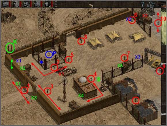 Potem uważając na krążący patrol (P1) przemieść się Zielonym Beretem w miejsce X1 pod garaż zostawiając po drodze brzęczyk w X1 - Misja 10 Operation Icarus | Commandos Za linią wroga - Commandos: Za linią wroga - poradnik do gry