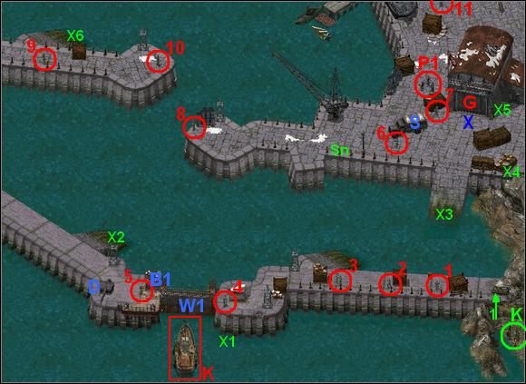 Teraz przedostań się ekipą (oprócz Kierowcy i Snajpera) w miejsce oznaczone X (za barakami) - Misja 13 David and Goliath | Commandos Za linią wroga - Commandos: Za linią wroga - poradnik do gry