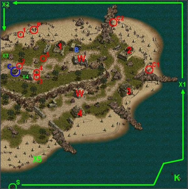 Przeczołgaj się tymi komandosami przez plażę i między zasiekami aż do miejsca X3 za skałą (uważając głównie na krążący patrol (P) ) - Misja 14 D-Day Kick off | Commandos Za linią wroga - Commandos: Za linią wroga - poradnik do gry