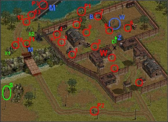 Teraz biegnij Szpiegiem na drugą stronę rzeki do młyna wodnego przy prawej krawędzi ekranu i załatw Fryca (1) gdy jest on właśnie przy młynie (jego ciało może tam leżeć) - Misja 17 Before Dawn | Commandos Za linią wroga - Commandos: Za linią wroga - poradnik do gry