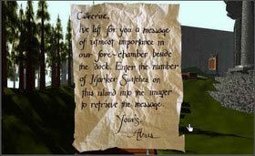 Zauważysz kartkę, podnieś ją i przeczytaj. To list od Atrusa do Catherine. - Poradnik do gry Myst - MYST cz.1 - Myst - poradnik do gry