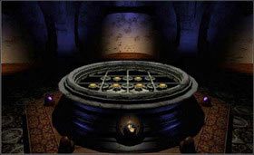 Znajdziesz się w pomieszczeniu z projektorem. Kliknij na przycisk, lecz nic wielkiego się nie wydarzy. - Poradnik do gry Myst - MYST cz.1 - Myst - poradnik do gry