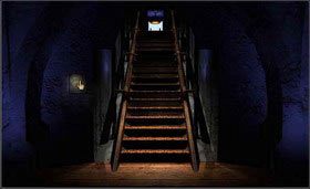 Obróć się w stronę schodów. Na ścianie po lewej stronie wisi jakaś kartka. - Poradnik do gry Myst - MYST cz.1 - Myst - poradnik do gry