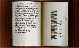 Teraz czeka Cię chyba najtrudniejsze zadanie z całej gry. Tylko dla ludzi o dobrym słuchu muzycznym. Pamiętasz rysunek klawiatury, znajdujący się na jednej ze storn dziennika Atrusa. Tak, należy zagrać odpowiednie dźwięki w odpowiedniej kolejności na pianinie i te same dźwięki ustawić na panelu. Najłatwiej jest podawać sobie jeden dźwięk na klawiaturze, przechodzić do panelu i próbować wysłuchać na nim odpowiedni dźwięk, i tak po kolei z każdą nutą. - SELENITIC AGE cz.2 | Myst - Myst - poradnik do gry